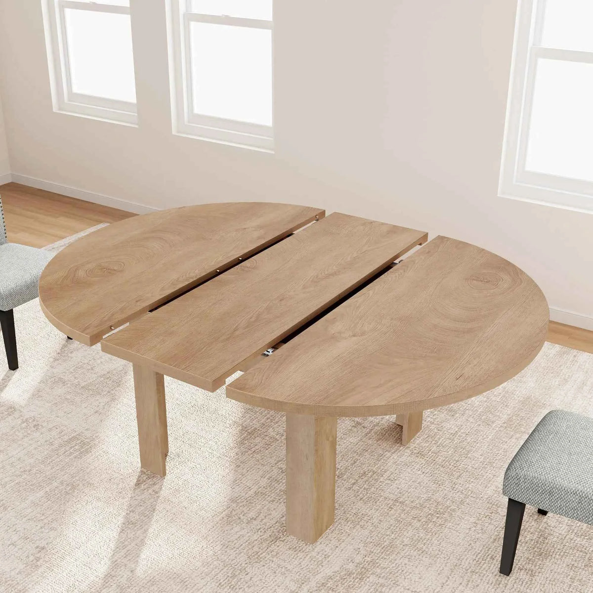47-63 Inch Extendable Round To Oval Dining Table For 4-6, Farmhouse Kitchen Table With Hidden Leaf Storage And Sturdy Wood Legs