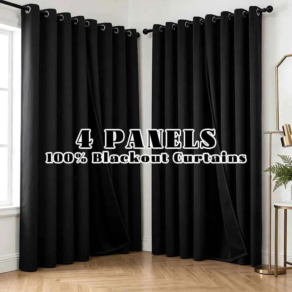 4 Panels 100% Blackout Curtains, Heat Insulation, Noise Reduction. Privacy Protection. Room Darkening Decor. Thermal Grommet, Light Blocking, Washable.