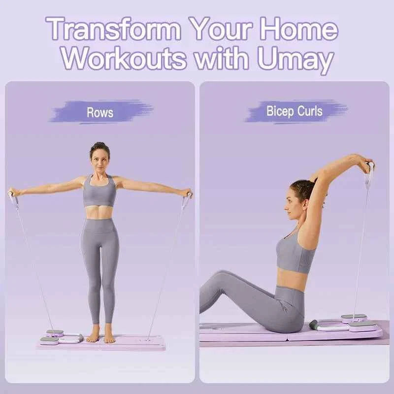 UMAY Multifunctional Pilates Board with Count Timer, Foldable Abdominal Trainer with Yoga Mat, Resistance Tubes.