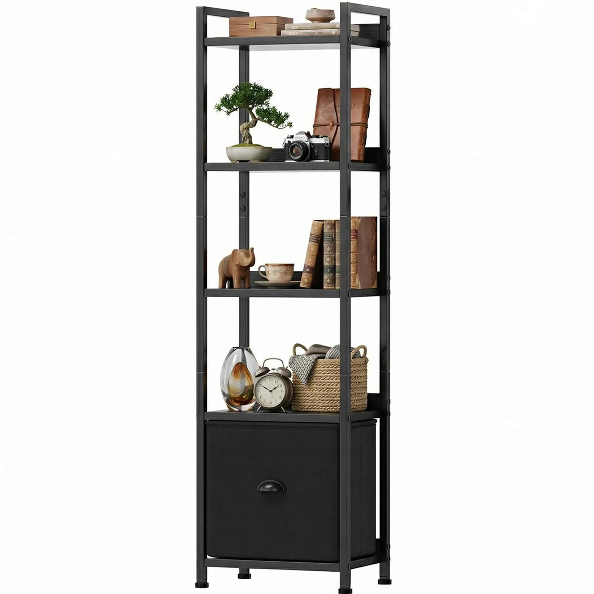 MCQ 5 Tiers Metal Classic Bookshelf with Drawer.  Freestanding Tall Display Shelving. Sturdy Structure. Graduated Shelves