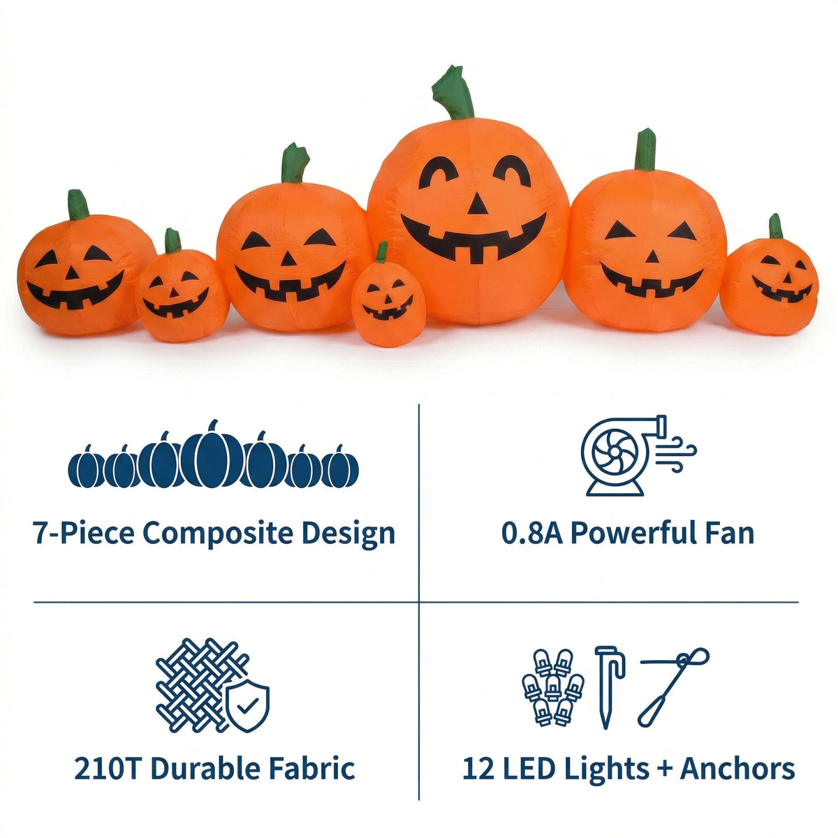 Inflatable Halloween Pumpkin with LED Lights, 7.5ft Outdoor Holiday Yard Decoration for Fall and Thanksgiving, 230cm 0.8A Fan 1000mA Transformer Lawn Festival Display Equipment