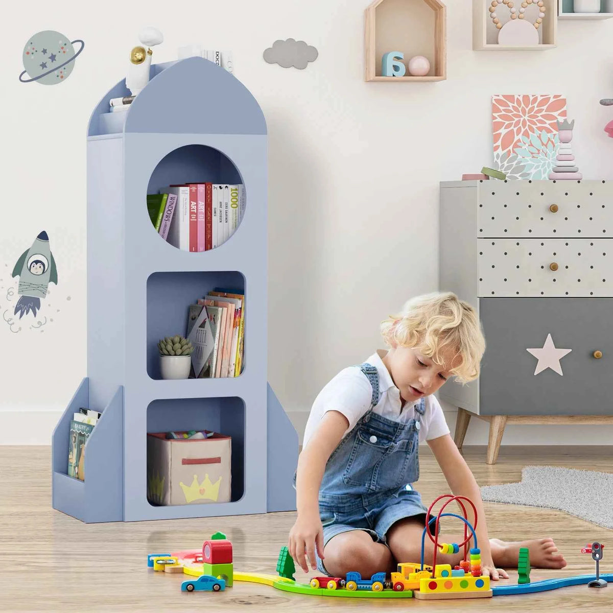 Kids Bookshelf & Toy Storage, 3-Tier Rocket Baby Book Shelf with Side shelves, Wood Open Toddler Bookcase, Spacious Display Organizer