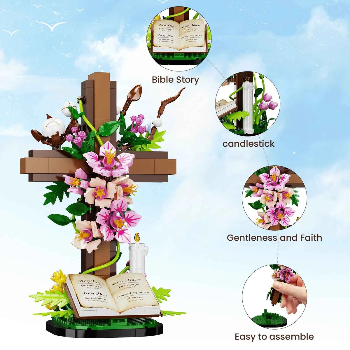 Jesus Cross with Flowers Building Blocks Set with Easter Bible. Themed Decorative Items. Religious Gifts for Adults (568 PCS)