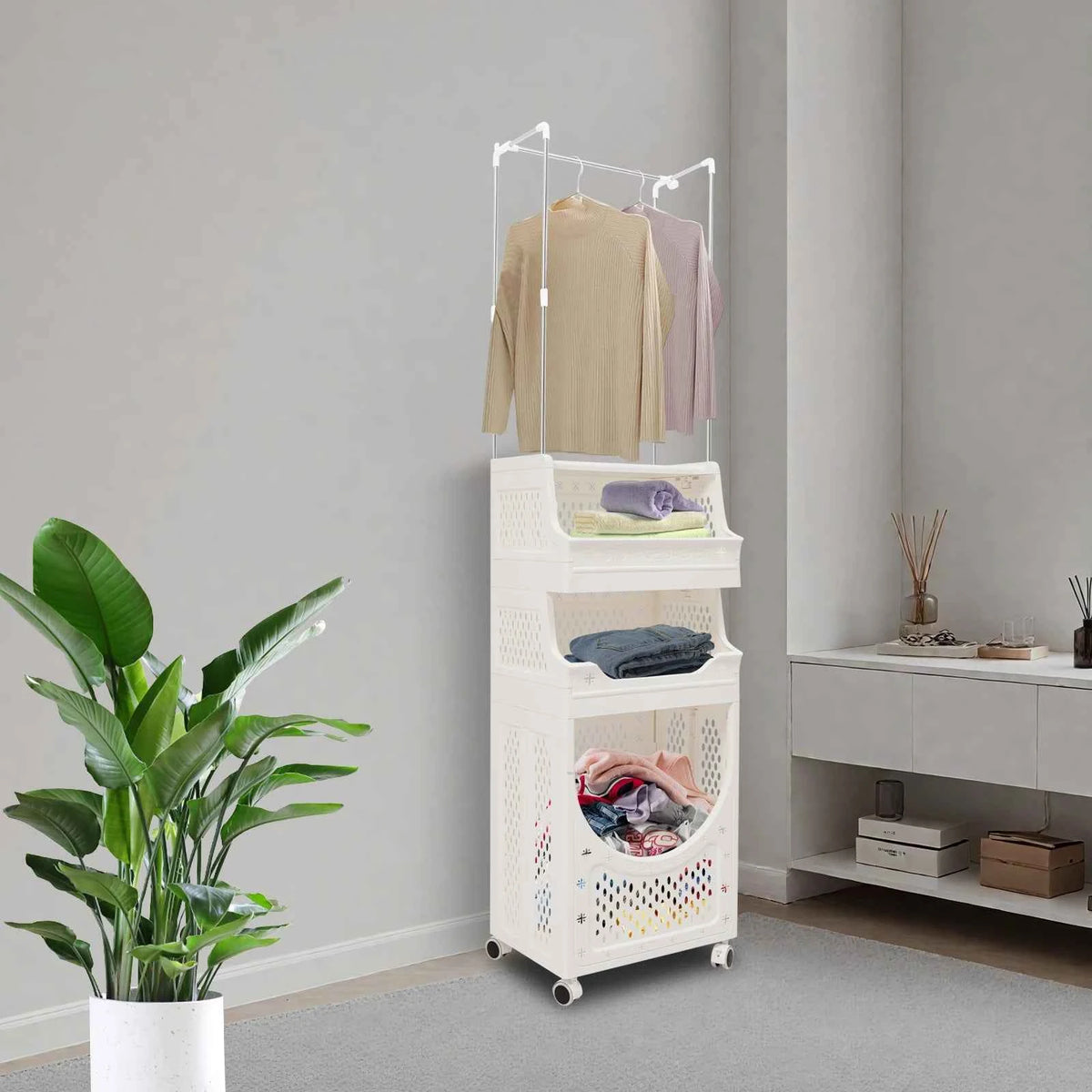 Laundry Basket with Wheels Laundry Hamper Cart with Clothes Rack Dirty Clothes Hamper