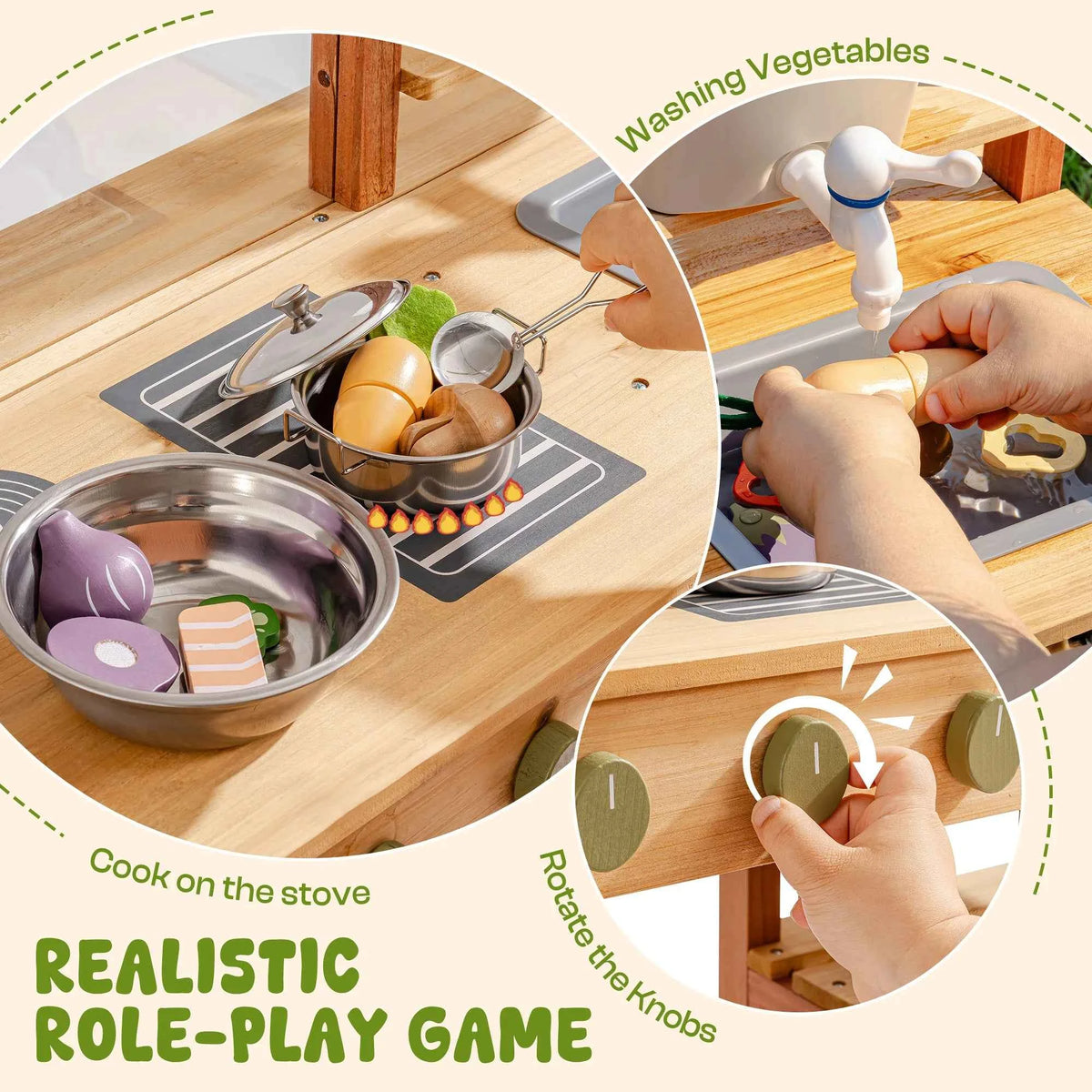 Robud Montessori Mud Kitchen. Wooden Outdoor Play Kitchen with Sink & Storage. Develops Fine Motor Skills. Ideal Gift for Kids Age 3+