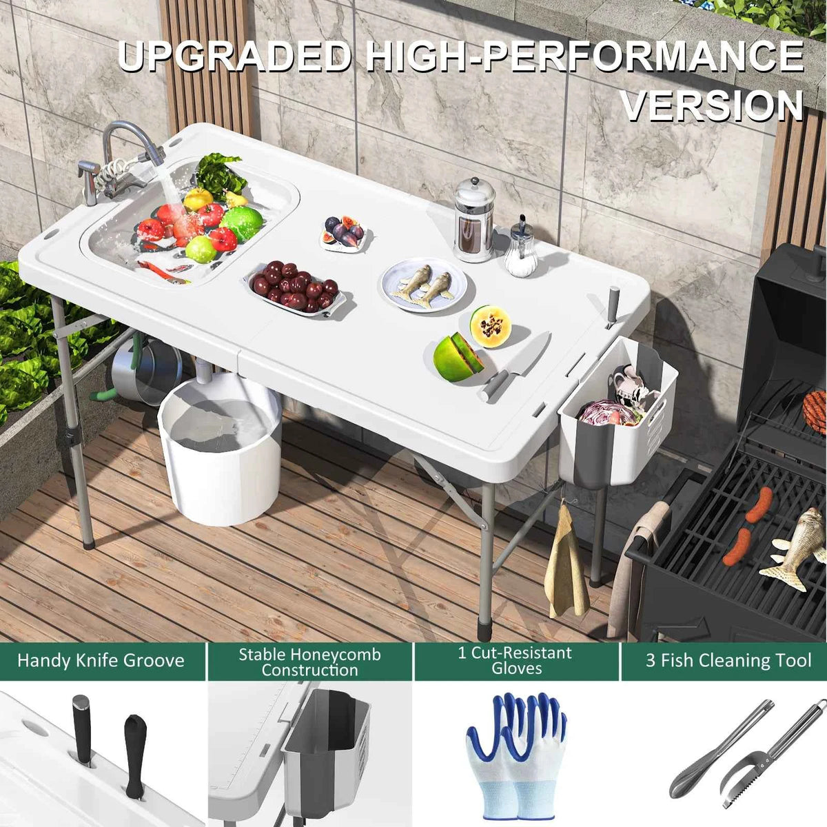 42.5"  Table with Sink, Folding Camping  Cleaning Station with Measure, Mark & Hose Hookup, Outdoor Fillet Table for Picnic, Beach, Patio, White