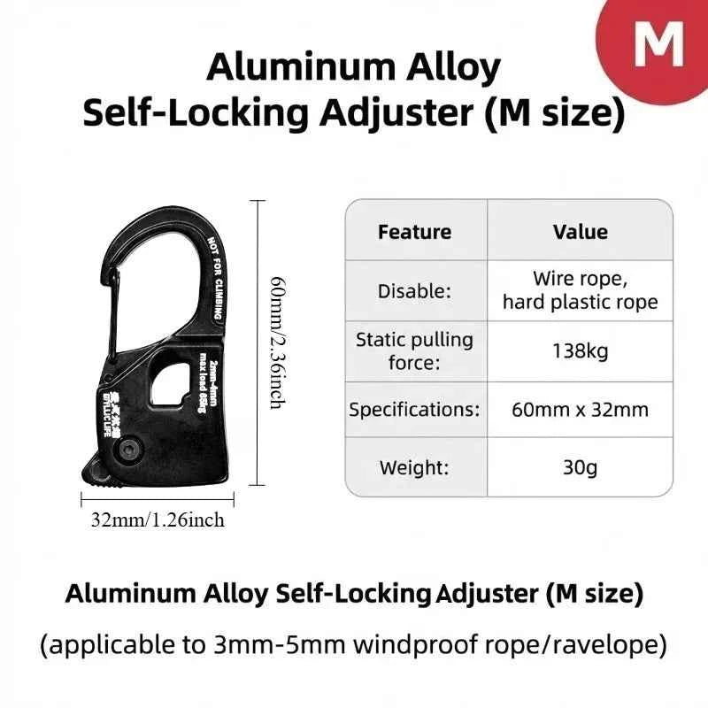 1×Aluminum Alloy Tent Rope Tensioner. Stainless Steel. Self Lock Rope Adjuster 2-10mm. Anti-Slip Tarp Tightener. Outdoor Accessories