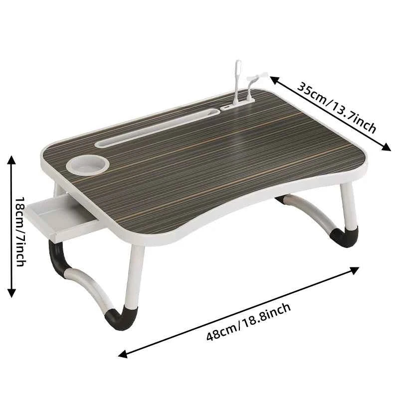 Portable & Foldable Laptop Table with Storage Drawer, Tablet Slot, & Cup Holder.