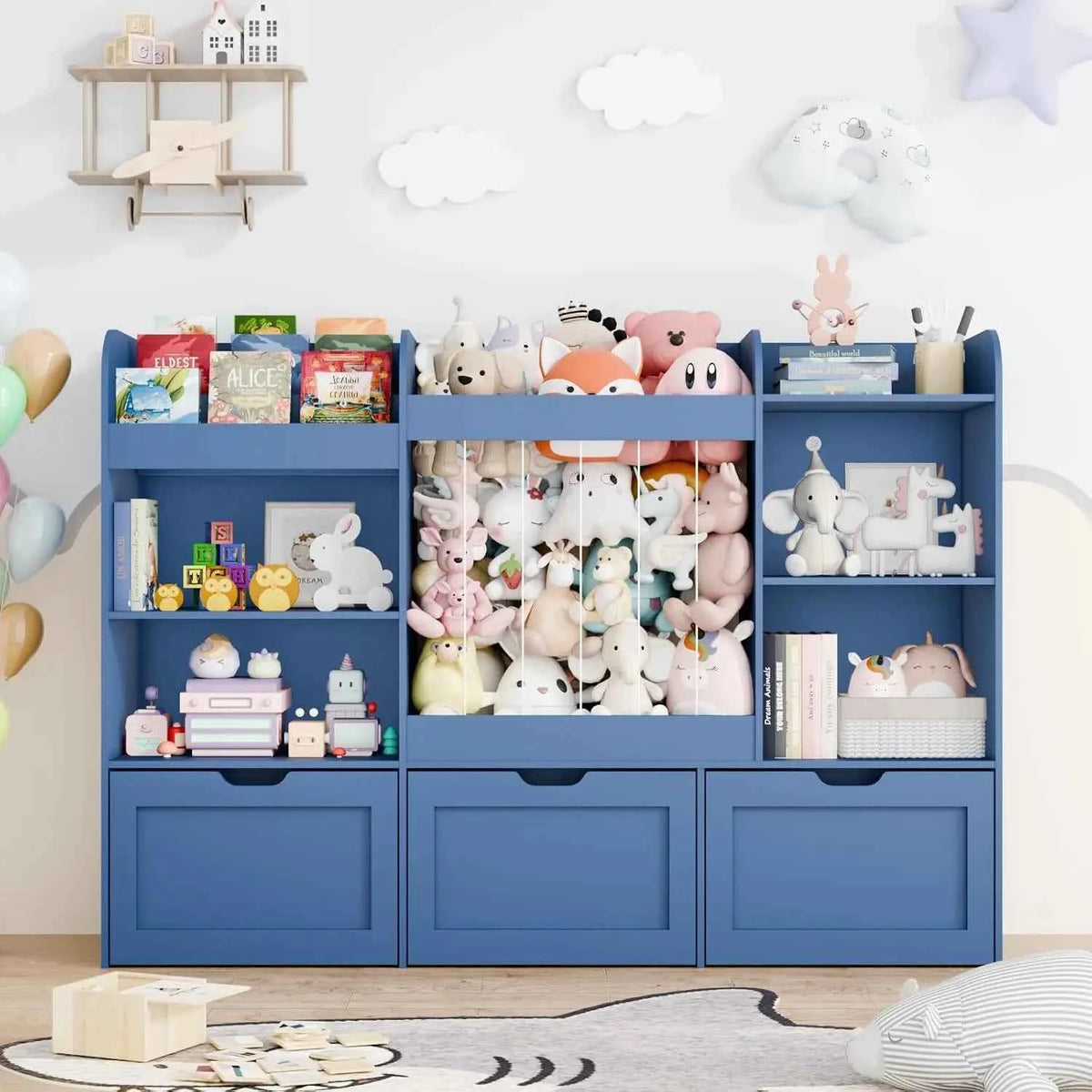 61" W Toy Organizer with Stuffed Animal Storage ＆ 3 Tier Bookshelf