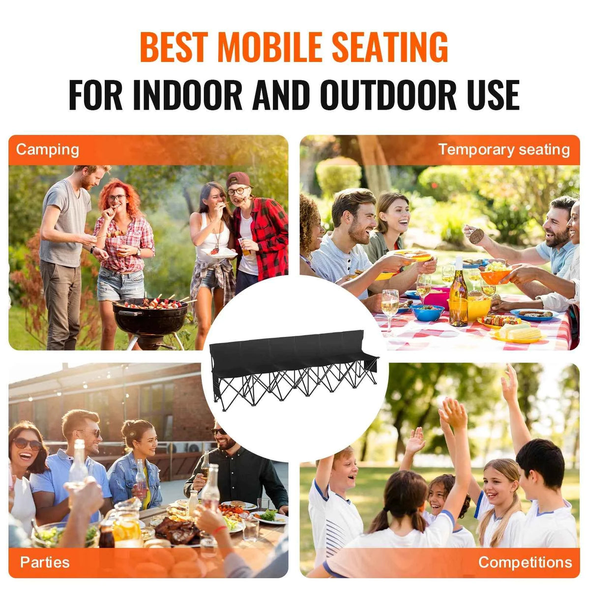 SucceBuy 6/8 Seat Foldable Sideline Bench. Outdoor, Camping Bench Chair with Bag & Backres. Team Sport Sideline Bench