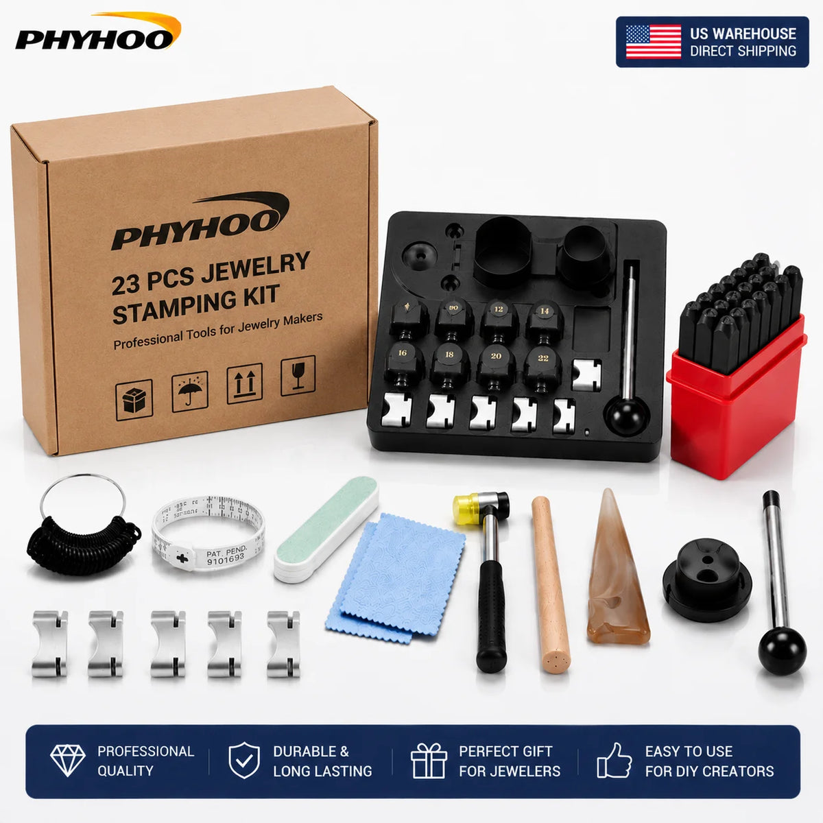 PHYHOO 23PCS Jewelry Making Tool Kit. Ring Sizer, Bending Mandrel, Letter Stamp Set, Polishing Repair Tools. DIY, USA