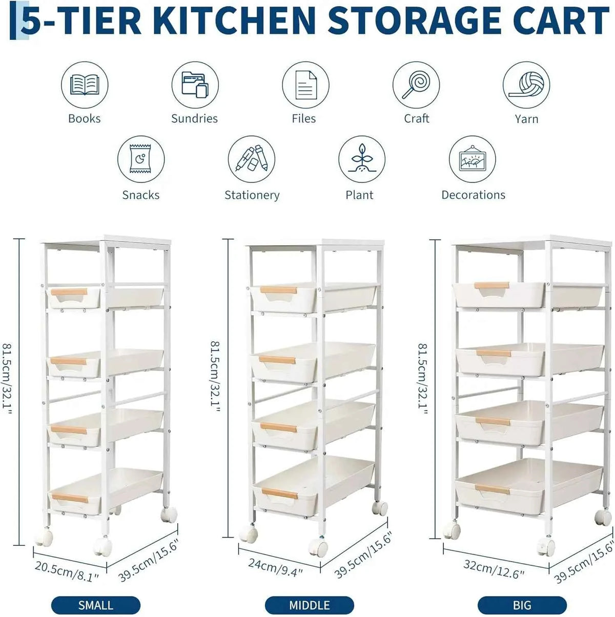 5-Tier Slim Rolling Storage Cart, Narrow Kitchen Cart with Wooden Top and Pull-Out Baskets, Mobile Shelving Unit Organizer for Kitchen, Bathroom, Laundry
