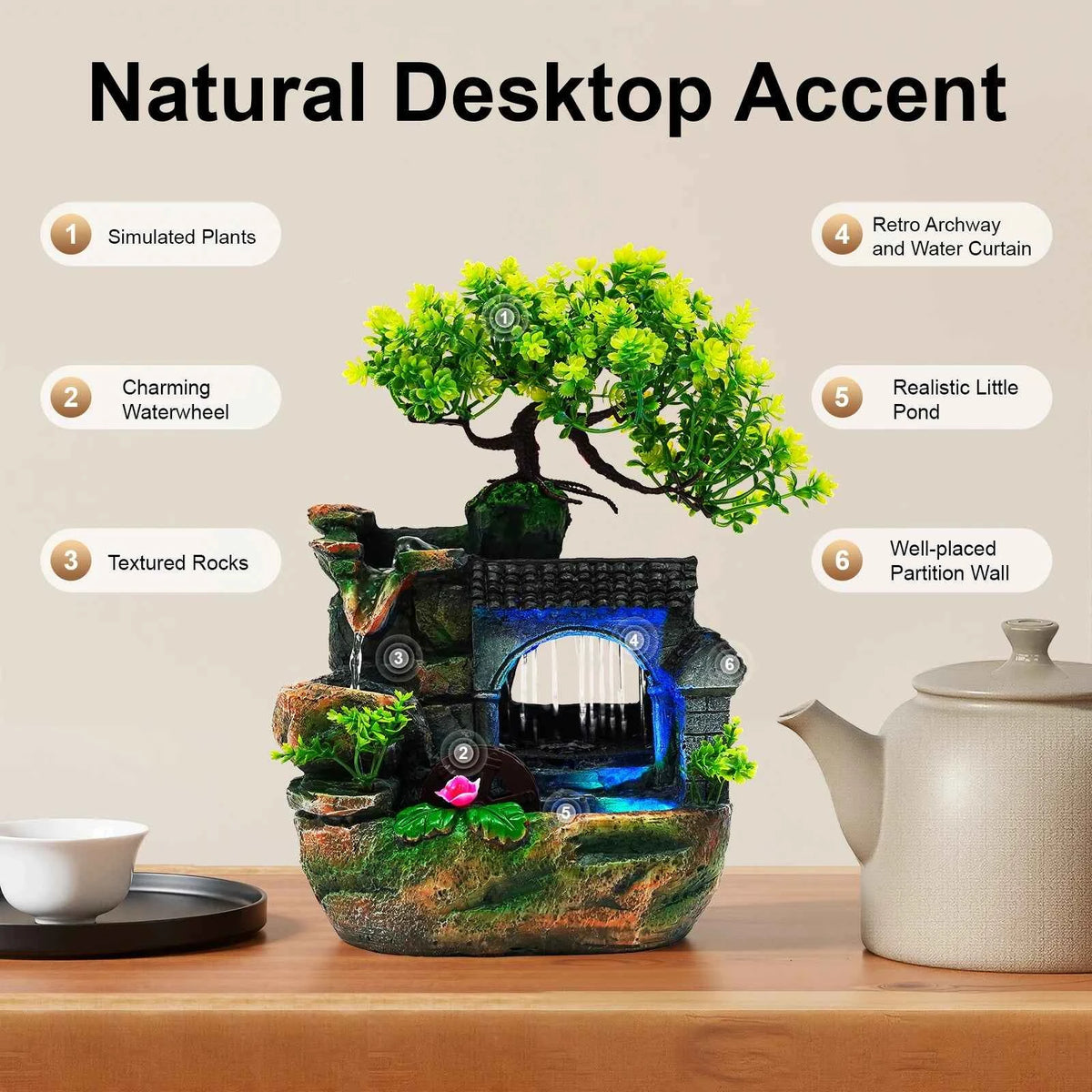 Tabletop Resin Water Fountain. Hand Carved Mini Desktop Waterfall with Color Changing LED Light. Adjustable Water Pump. Natural Landscape Decor