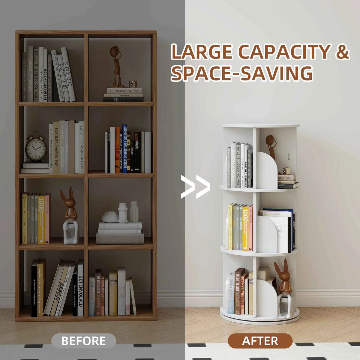 Rotating 3-Tier Bookshelf, 360° Spinning Corner Bookcase with Lazy Susan, White.  Space Saving Organizer. Adults & Kids, 15.75" Diameter