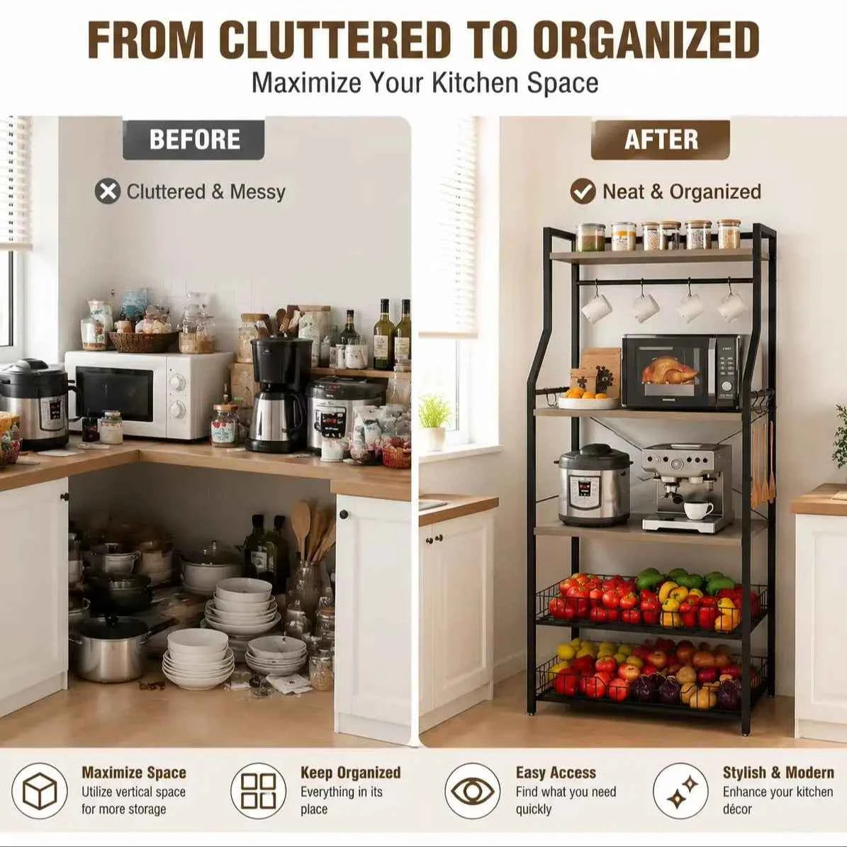 5 Tier Kitchen Bakers Rack with Microwave Stand. Freestanding Storage Shelf with Wire Baskets. Hooks,  Industrial Style Organizer