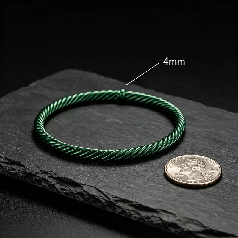 Women Green Aluminum Classic Cable Bracelet 4mm, Twisted Open Cuff Bangle with Ball Ends, Minimalist Daily Jewelry Gift