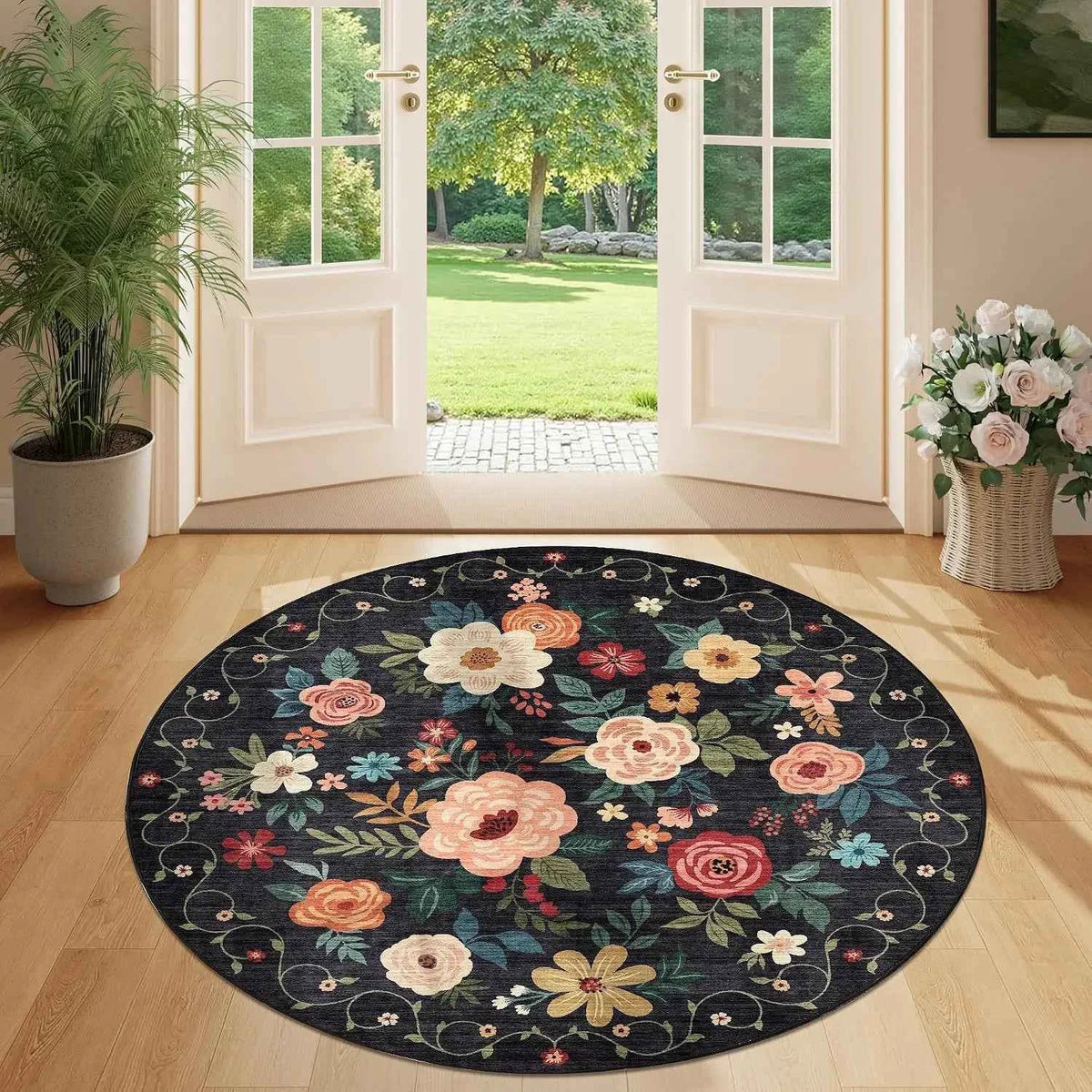 Round Floral Area Rug, Washable, Non Slip, Black, Small, & Round Carpet. For Living Room Bedroom Kitchen Entryway Home Decor
