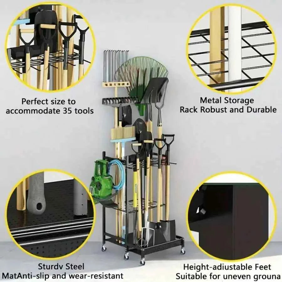 AXOSY-Portability Tool Organizer With Wheels,  Metal Yard Tools Organizer.  Heavy Duty Garden Tool Organizer For Garage, Yard, Patio, Shed, Indoors And Outdoors