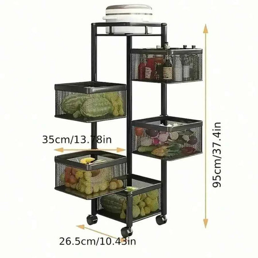 5-Tier Rolling Storage Cart with Wheels, Rotating Utility Shelf Rack, No Assembly Required, Square Black Organizer