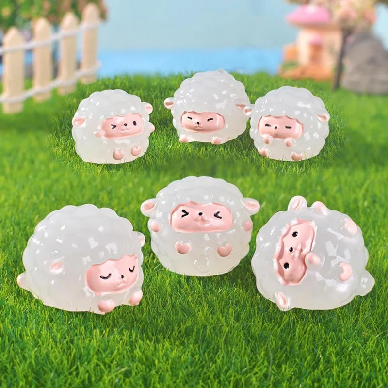 6Pcs Mini Luminous Sheep Figurine Set. Resin Cute Goat Ornament for Fairy Garden Home, Office, Party, Desktop Decoration. DIY Craft Accessories