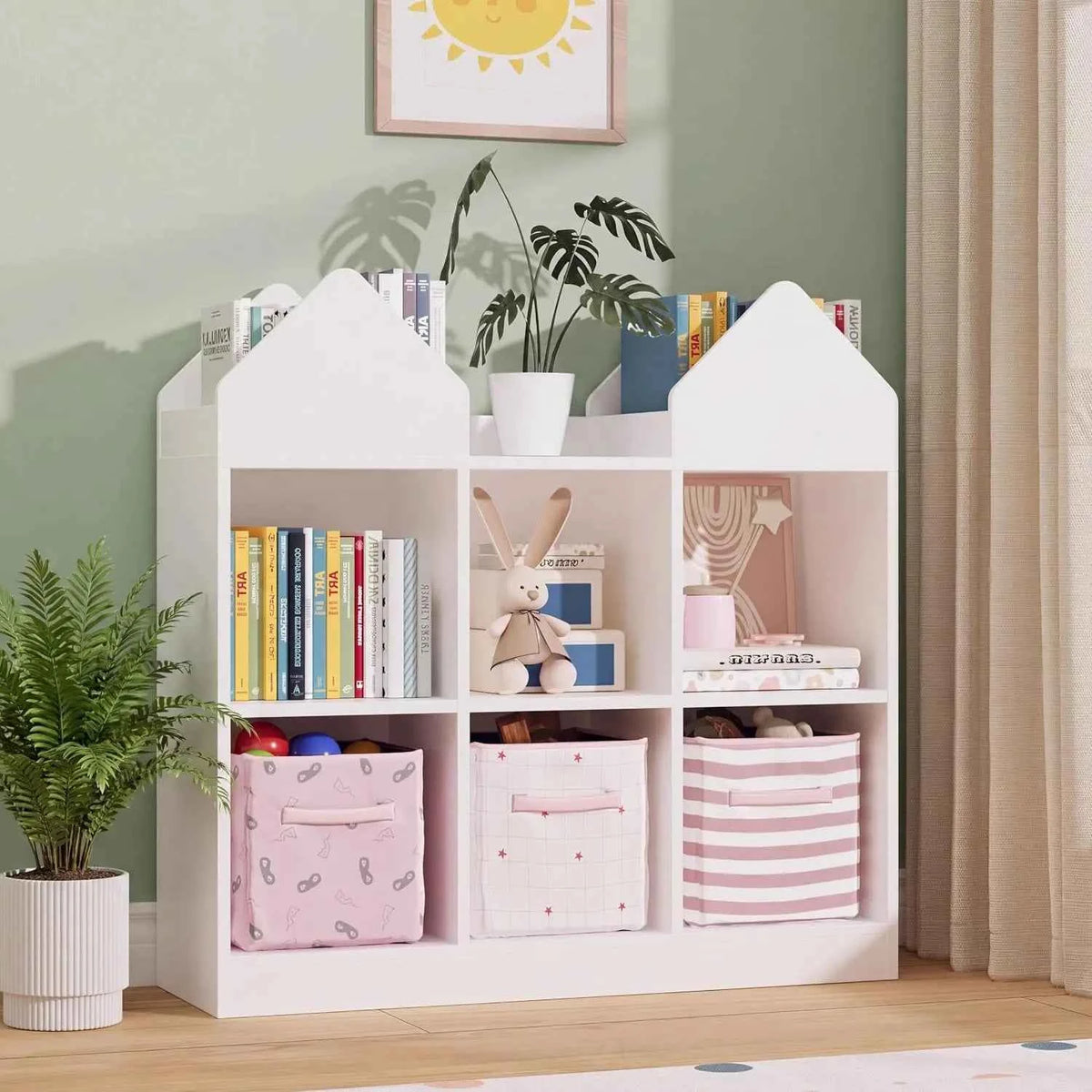Kids Bookshelf And Toy Storage Organizer With 4 Book Racks, 6 Open Cubbies, Castle Design.