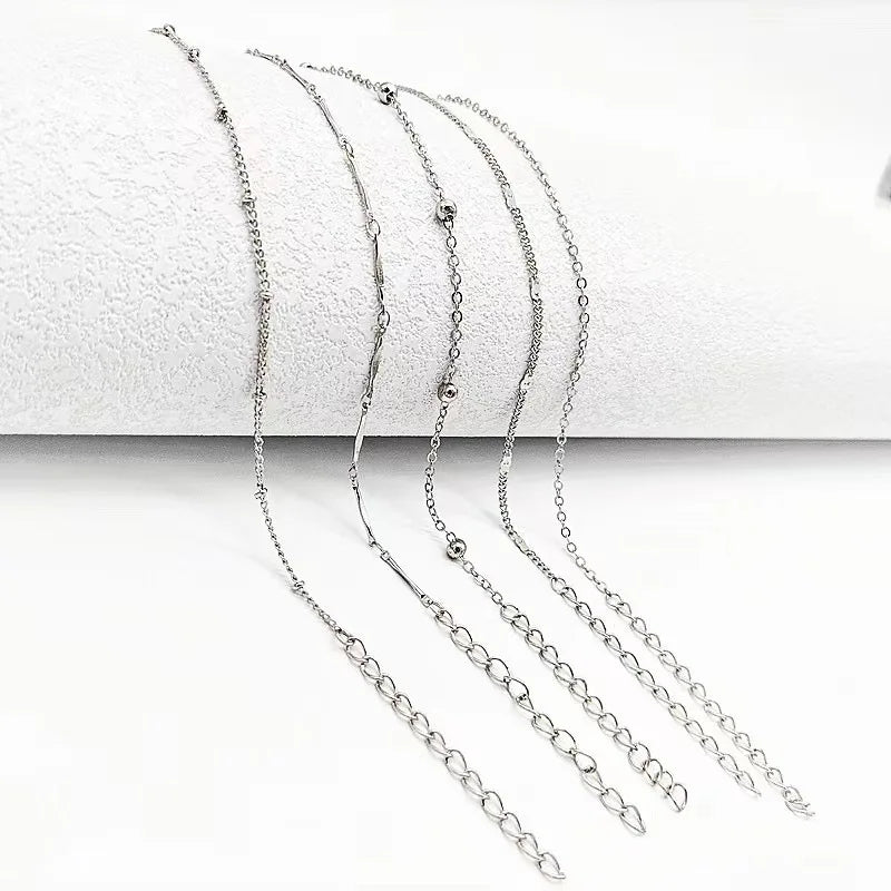5 Pcs /set Silver plated Stainless Steel Anklet for women, men. Summer Beach Bracelet Accessories.
