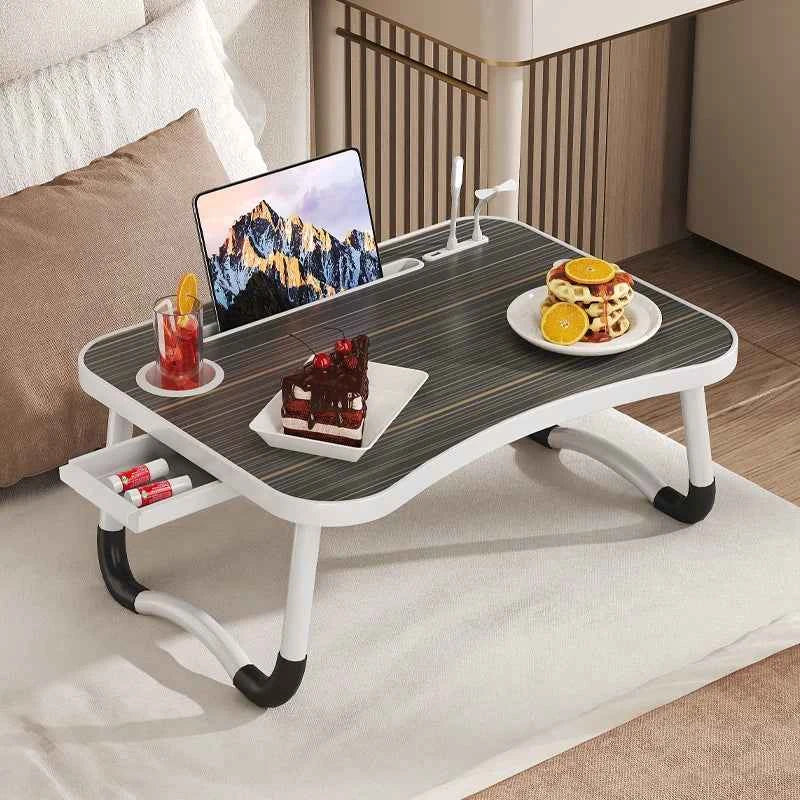 Portable & Foldable Laptop Table with Storage Drawer, Tablet Slot, & Cup Holder.
