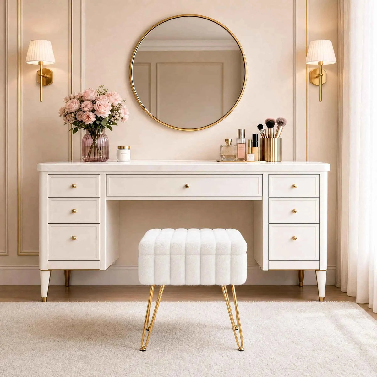 Vanity Stool With Storage, Faux Fur Ottoman With Gold Metal Legs, Soft Padded Makeup Seat Foot, Rest For Bedroom, Living Room
