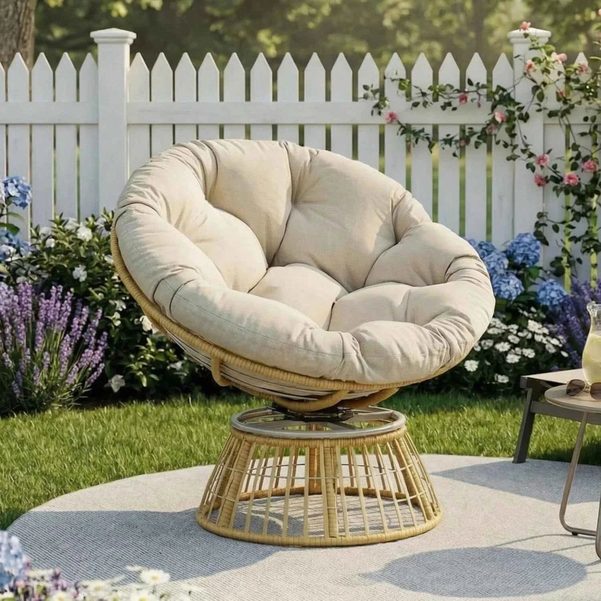 Swivel Papasan Outdoor Wicker Patio Lounge Chair with Thick Cushion, All-Weather Rattan Accent Chair for Backyard, Porch, Garden