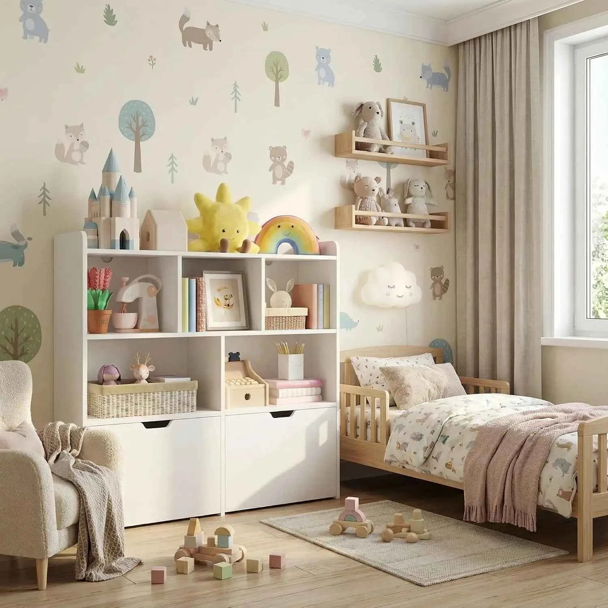 Toy Storage Organizer With 2 Rolling Drawers, Kids Bookshelf With 5 Open Cubbies, Storage Cabinet For Playroom, Bedroom And Nursery