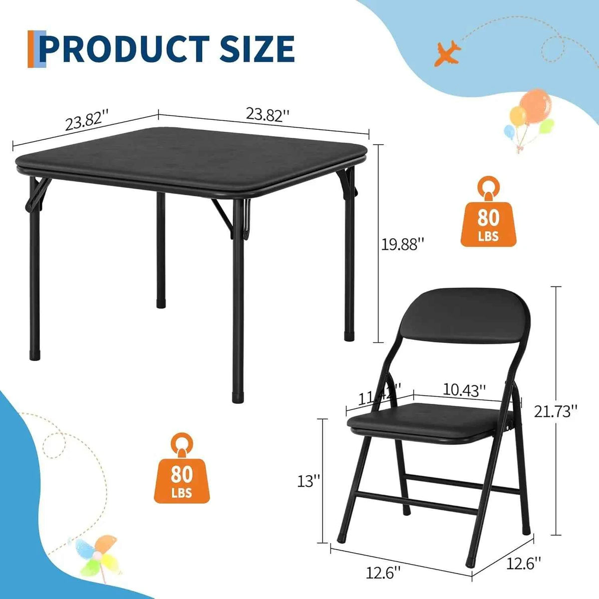 5-Piece  Kids Folding Table and Chairs Set. Upholstered Chairs, Waterproof PU Top, No Assembly, Toddler Furniture, Black