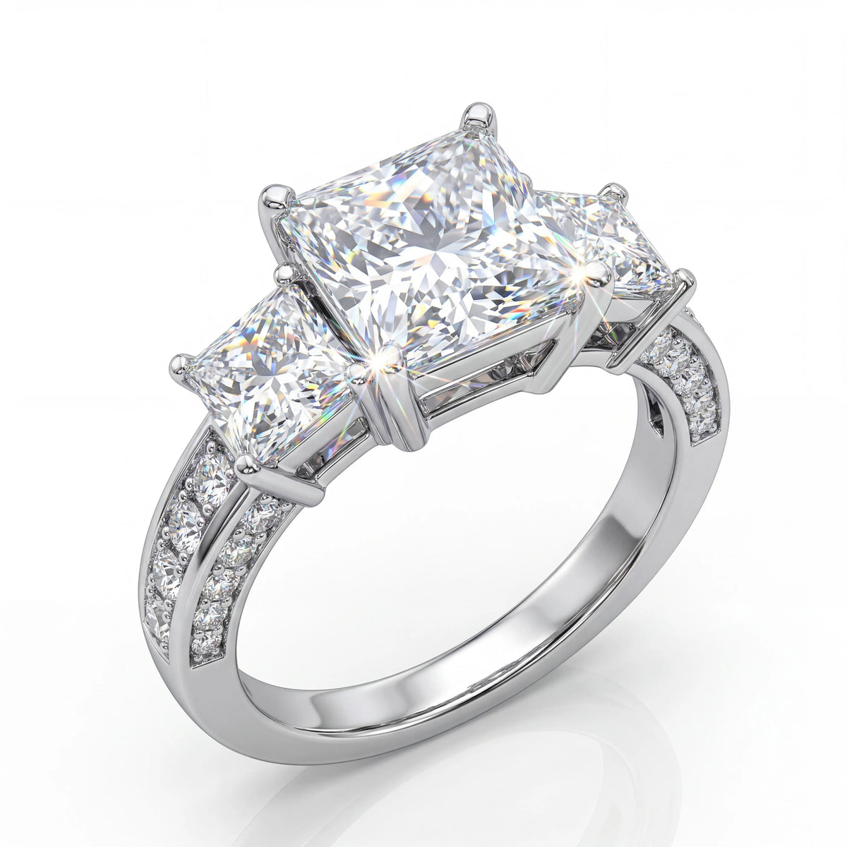 Princess Cut Three Stone Moissanite Ring, S925 Silver, D Color VVS1, 3ct, Hip Hop, Passes Diamond Tester