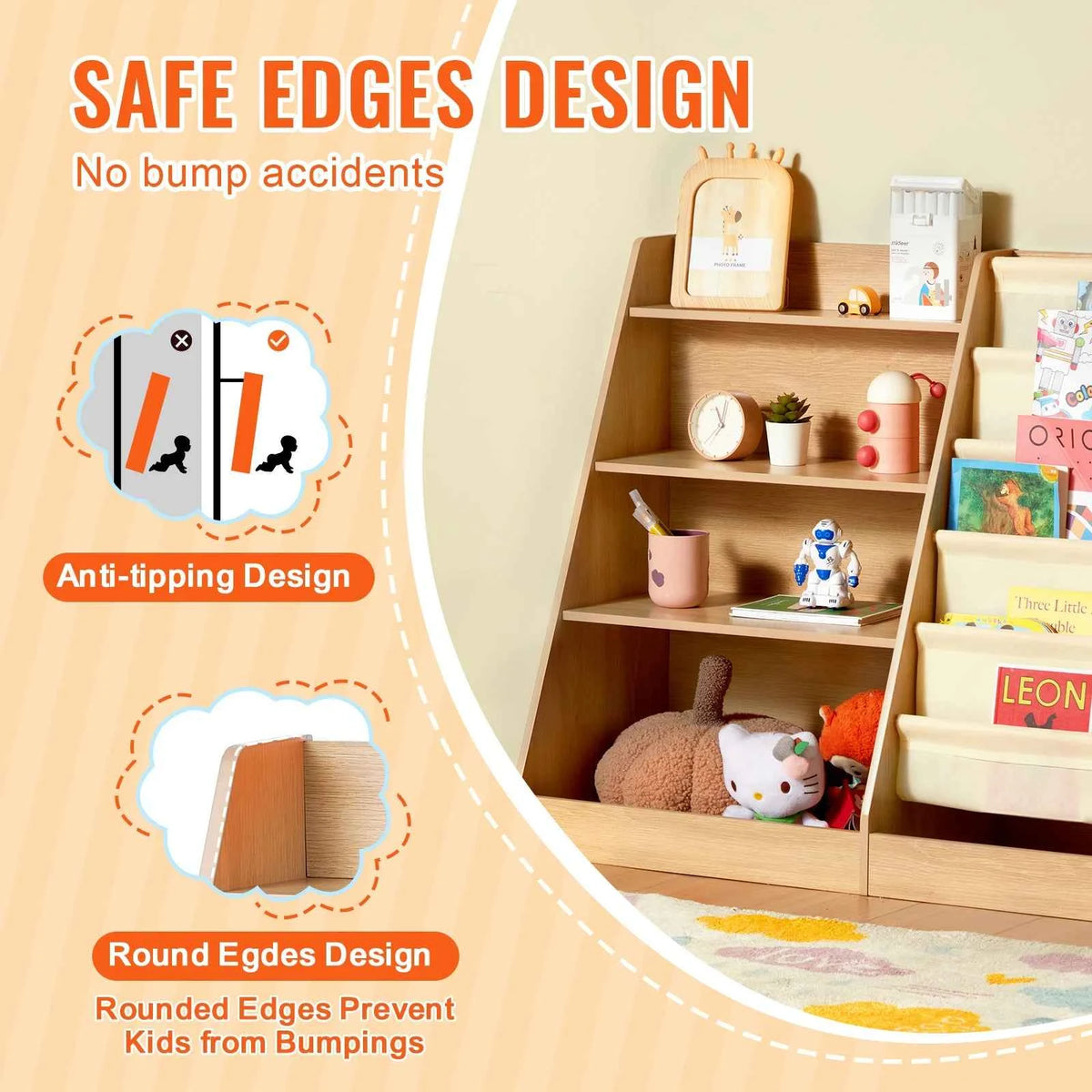 VEVOR 4-Tier Kids Wooden Bookshelf with Six-Layer Sling Bookcase.