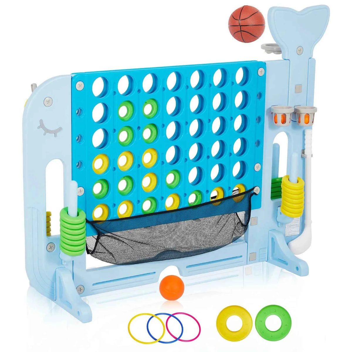 4-in-1 Giant Connect Game Set, Adjustable Height, Basketball Hoop, Ring Toss and Net Jumbo Outdoor Yard Game for Families Events