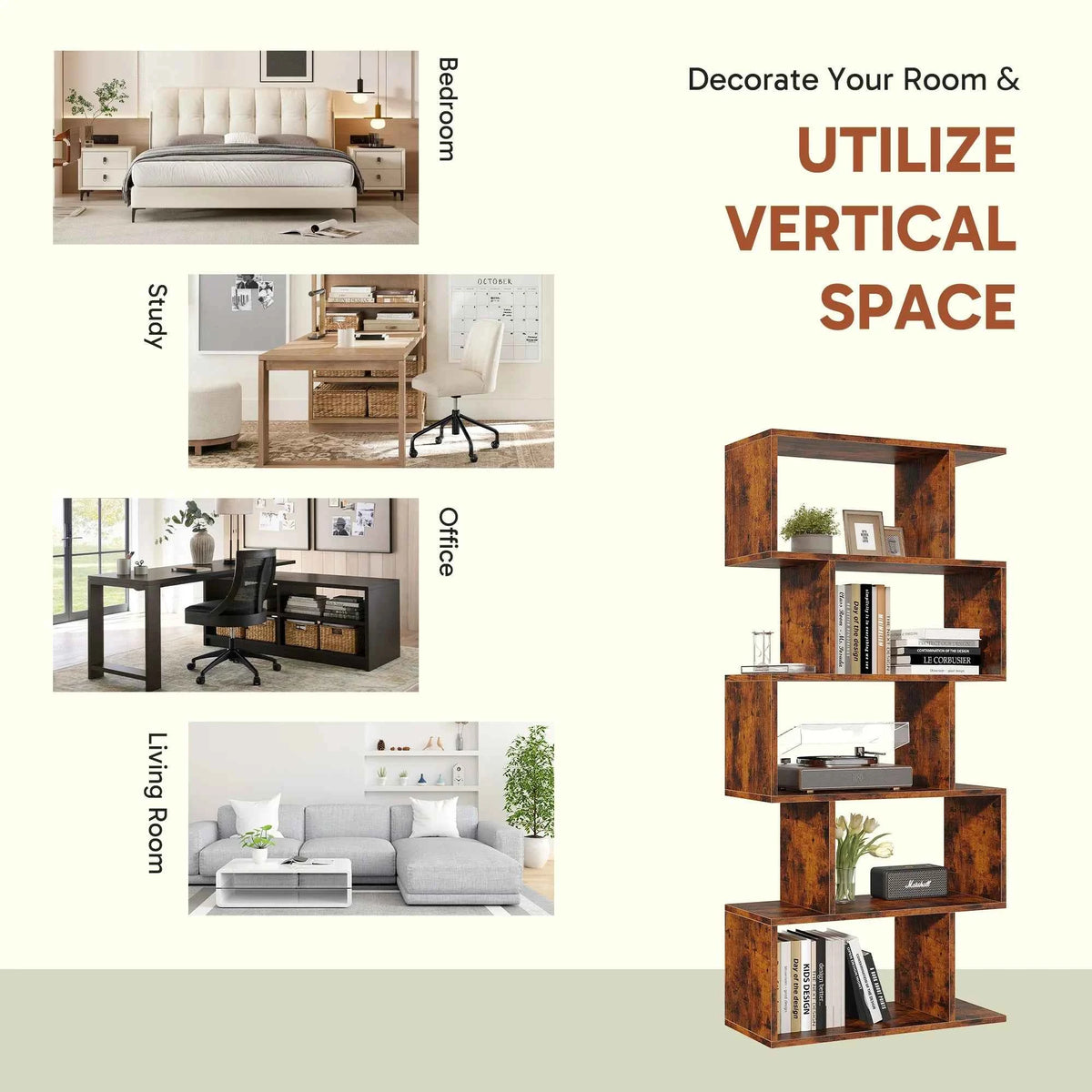 JHK 62 INCH Geometric Bookcase. 5 Tier S-Shaped Wooden Display. Bookshelf, Storage, Standing Shelf. Stable Frame, Graduated Shelves