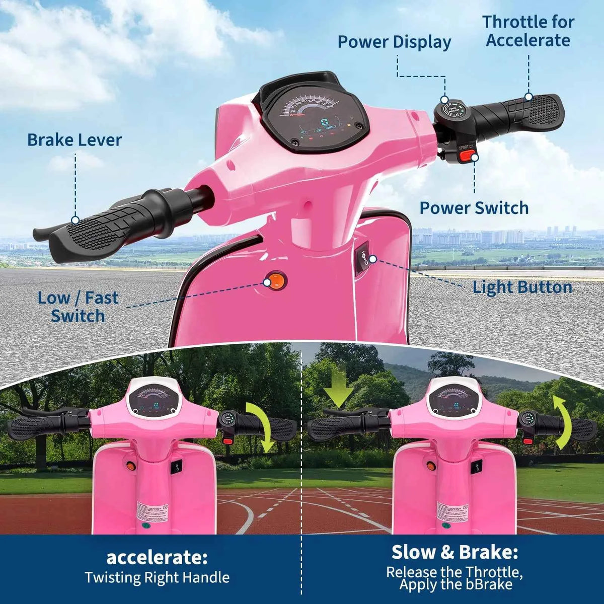 24V Electric Moped For Kids of Ages 8-14, 350W Ride On Moped, 14 MPH, Dual 10Ah Batteries, 12in Pneumatic Tires, Suspension