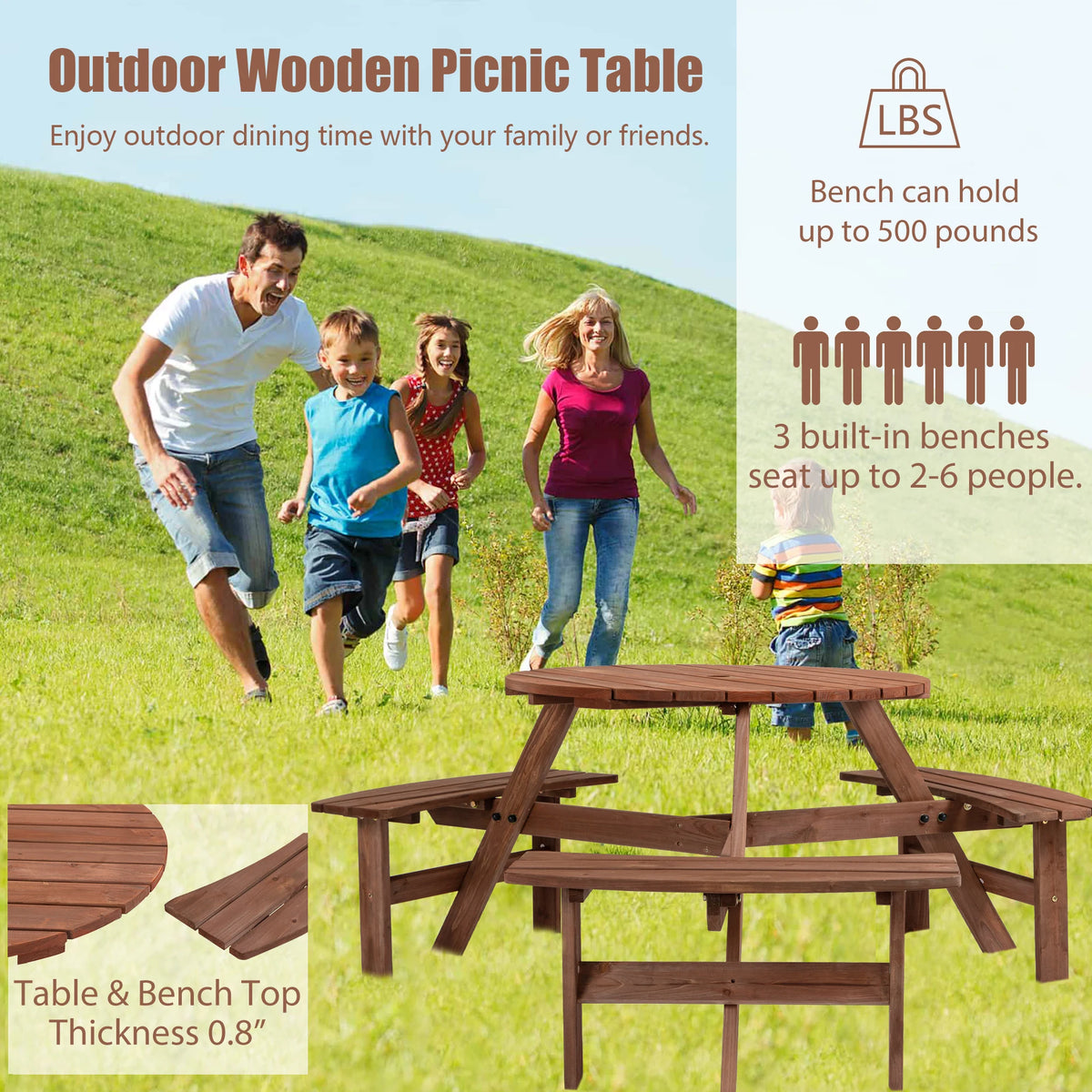 Solid Wood Round Outdoor Picnic Table with 3 Curved Benches, Weatherproof Wooden, Outdoor Patio Dining Furniture with Umbrella Hole. Weather Resistant Patio Dining Furniture Set for Garden, Backyard, or Deck