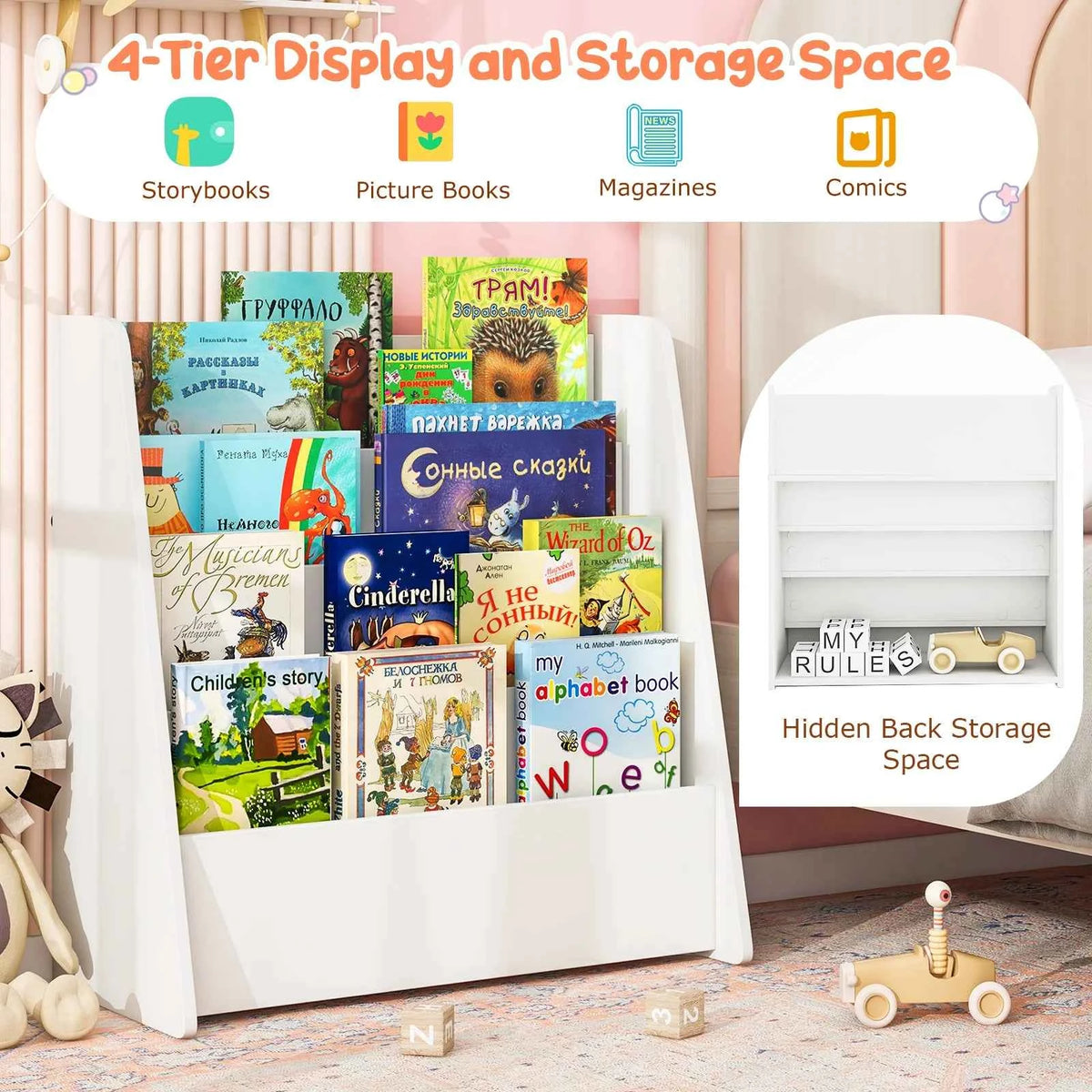 4-tier Kids or Toddlers Wooden Bookshelf  w/ Deep Shelves. Natural