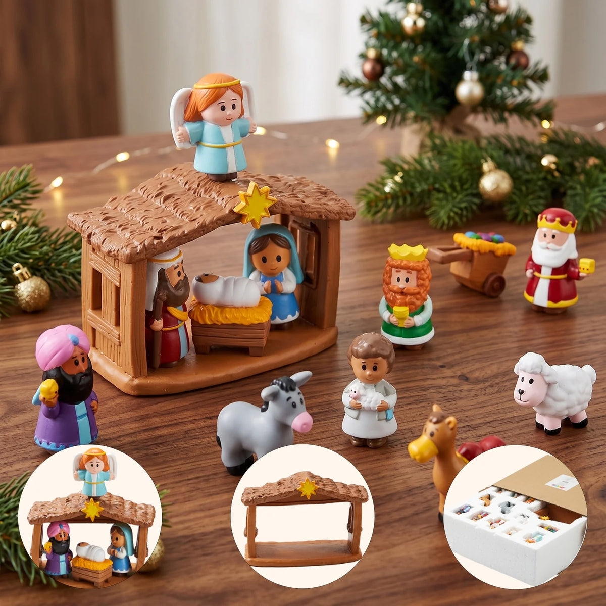 13pcs Christmas Story scene of baby Jesus in the manger. With the angels, animals, wise men. and a few other miniature items. That the kids can move around.