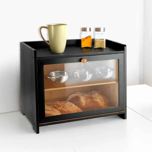 2 Layer Large Capacity Bamboo Bread Box with Tempered Glass Window, Farmhouse Kitchen Countertop Storage Container .