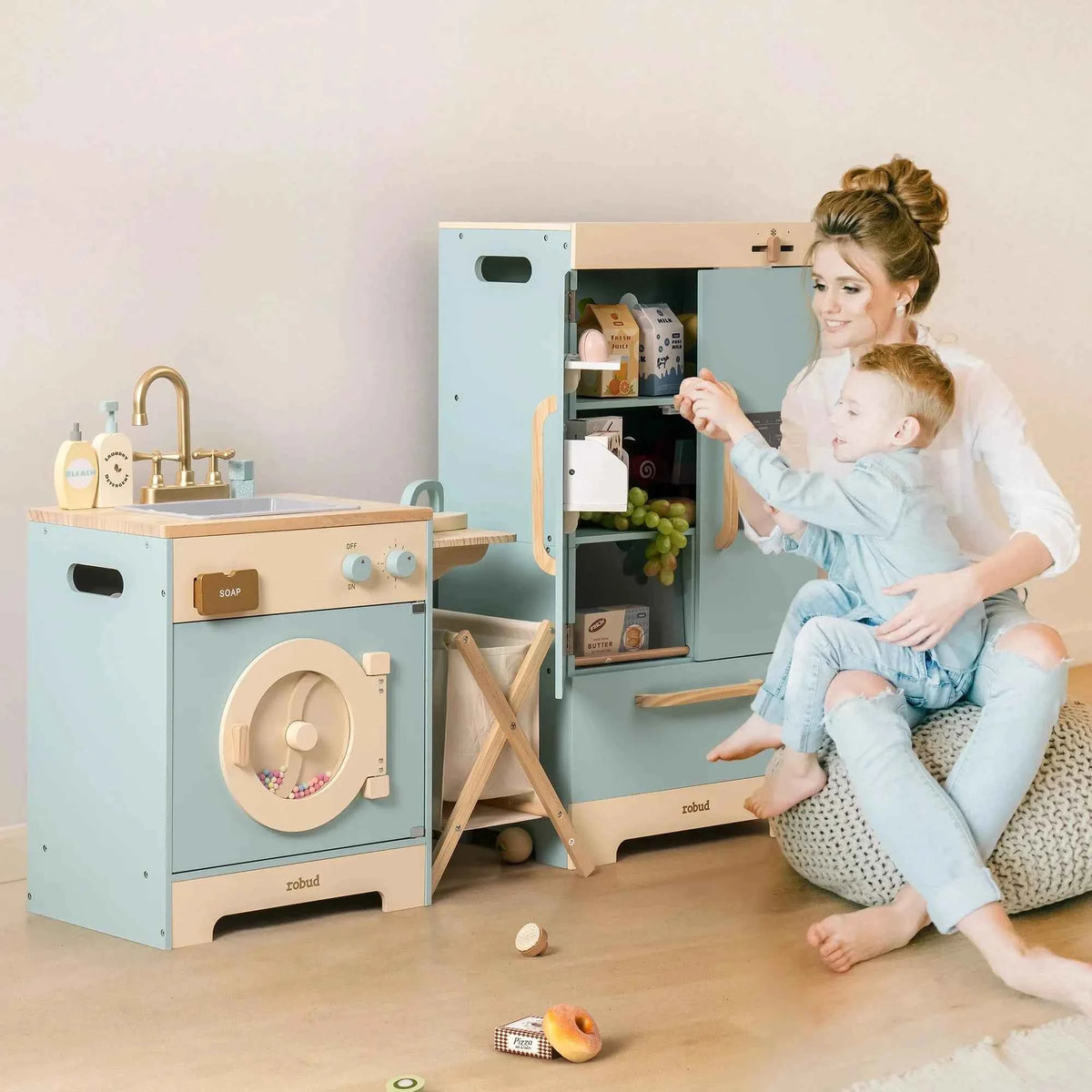 Robud Kids Wooden Play Kitchen. All in One Corner Set Includes Oven, Refrigerator, Washer. Perfect Gift for Little Chefs