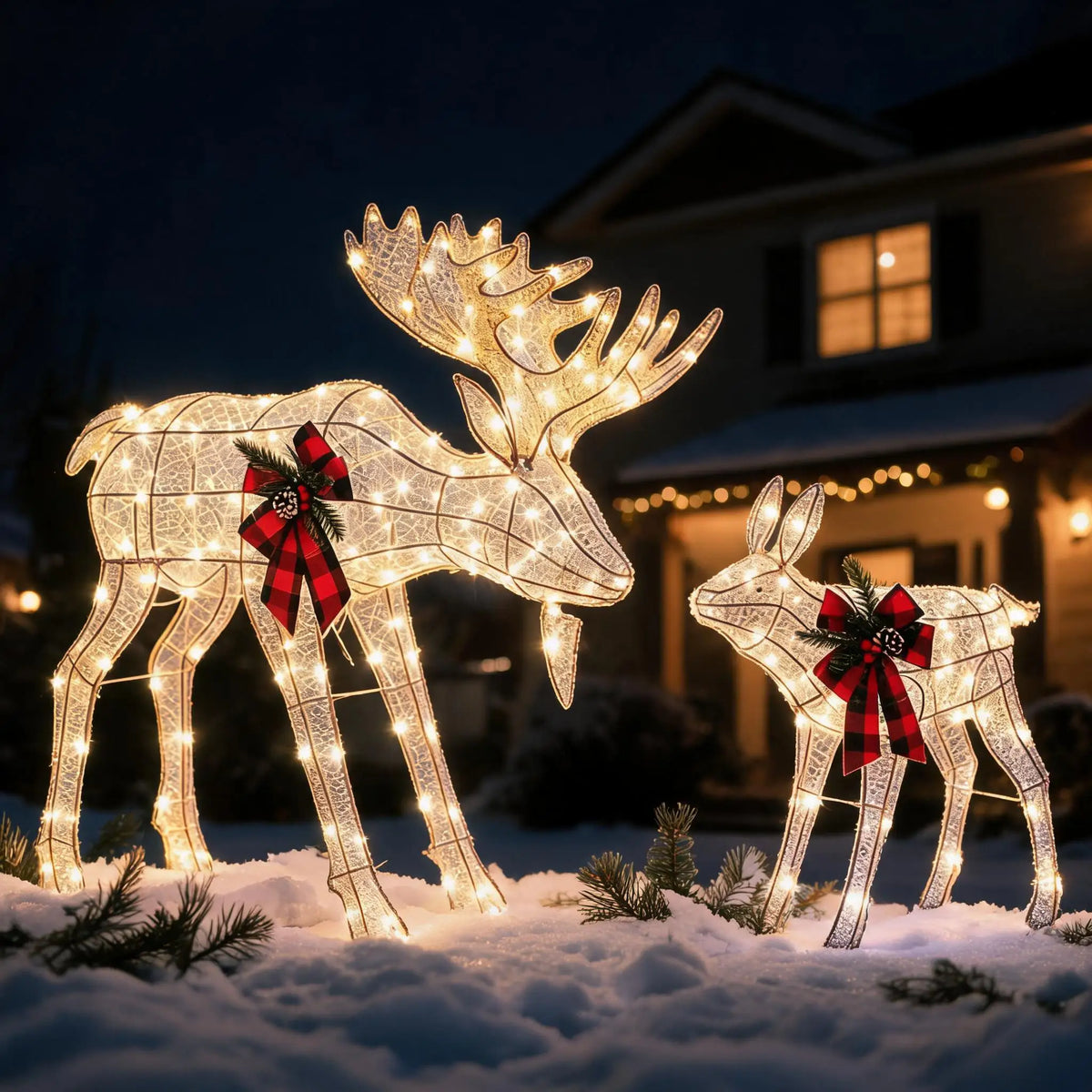 2 Piece Lighted Christmas Reindeer Family. Outdoor Yard Decoration with 240 LED Lights. Gold Glowing Reindeer Lawn Ornament.