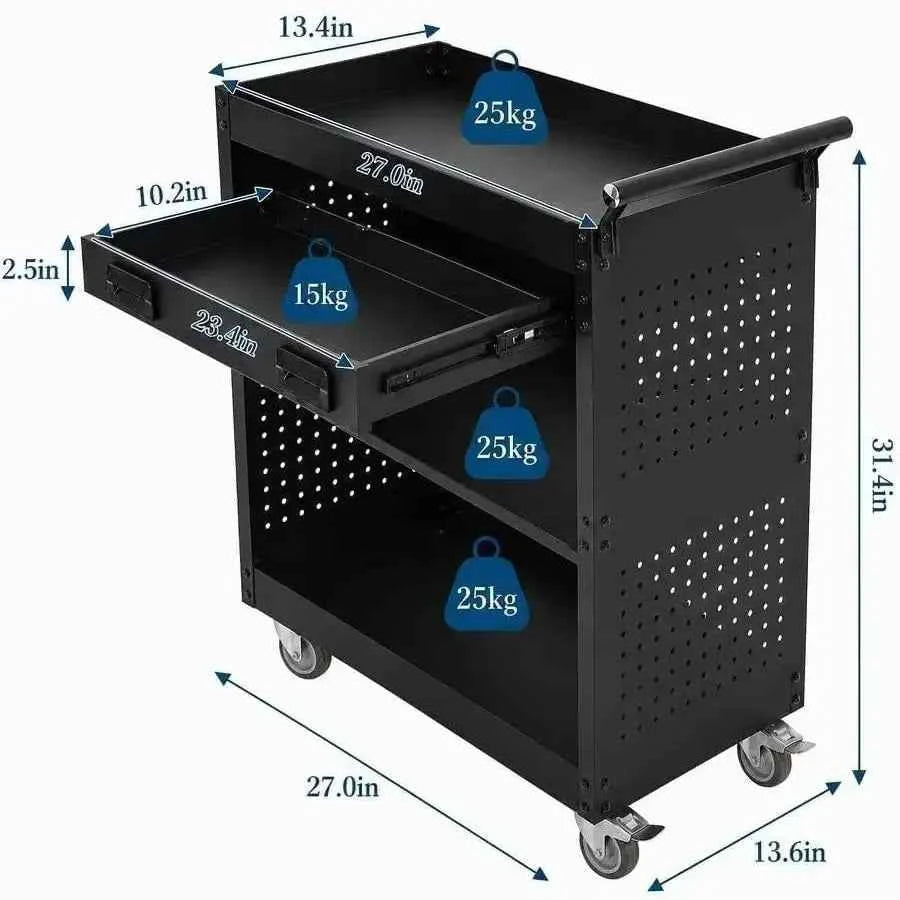 27 Inch Rolling Tool Cart, 3 Tier Steel Utility Cabinet with Drawer, Mobile Storage Organizer with Locking Casters for Garage Workshop Office, Black