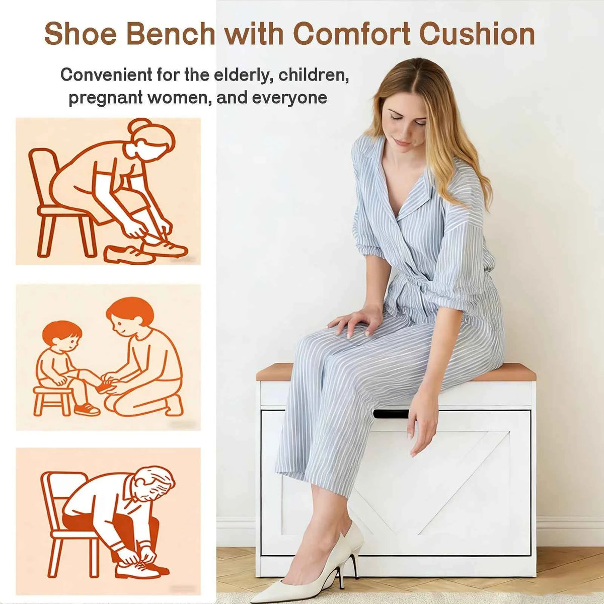 27.5" Storage Bench with Flip Drawers and Adjustable Shelf, Flip-up Cabinet & Padded Cushion - Space-Saving Shoe Cabinet, Organizer for Entryway, Hallway, Bedroom
