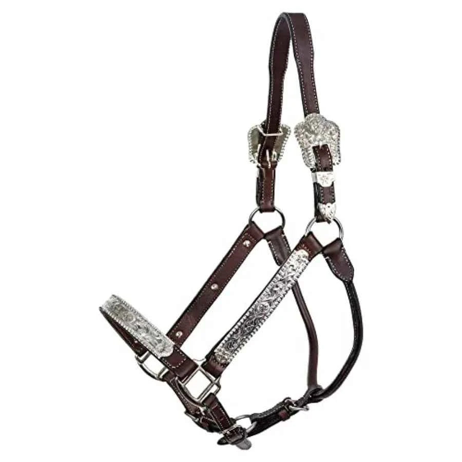 Beaded Silver Plated Show Halter for Horses with Lead. Dark Oiled Leather with Cream Accent Stitching. Silver Plated Cheeks, Nose, & Buckles