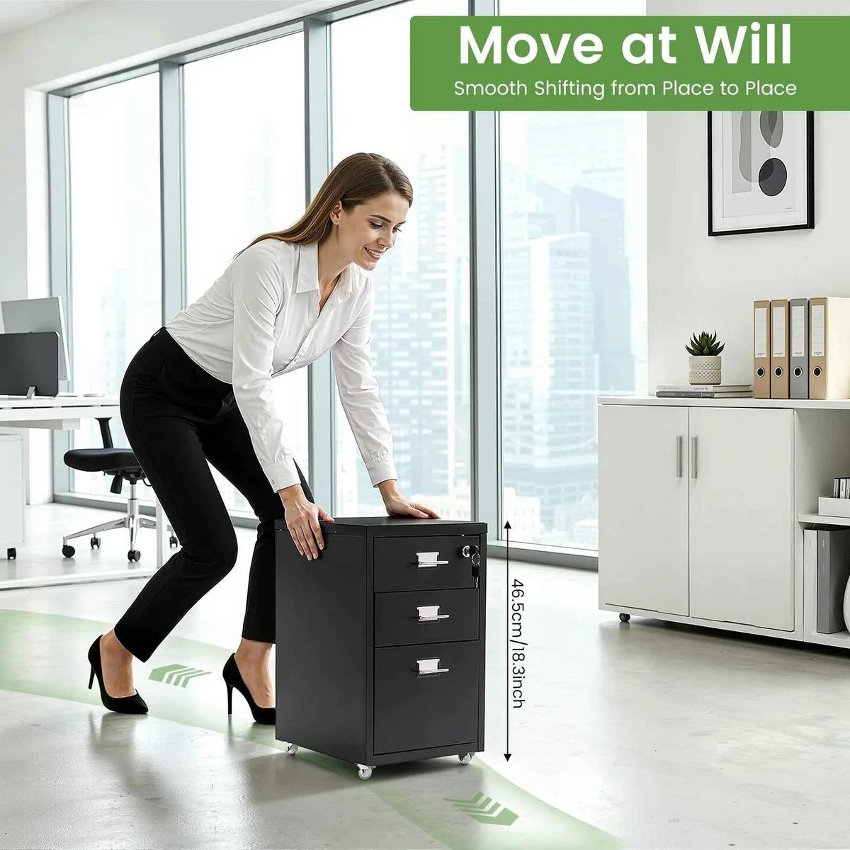 Black Lockable 3-Drawer Mobile File Cabinet Under Desk. Rolling Steel Storage Cabinet with Wheels Silent Slide Drawers