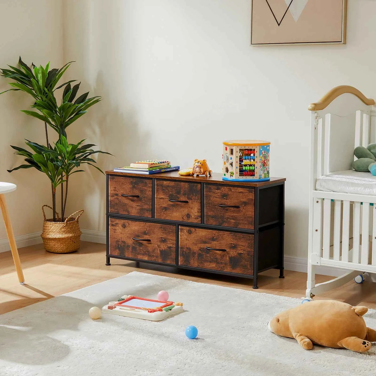 MCQ 5 Drawer Furniture. Wide Fabric Storage Tower with Wooden Top and Metal Frame