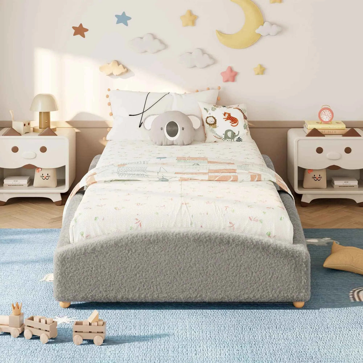 Twin Kids Floor Bed With Raised Sides, Teddy Fabric Upholstered Cloud Daybed, Montessori Platform Bed Frame With Wood Slats, No Box Spring