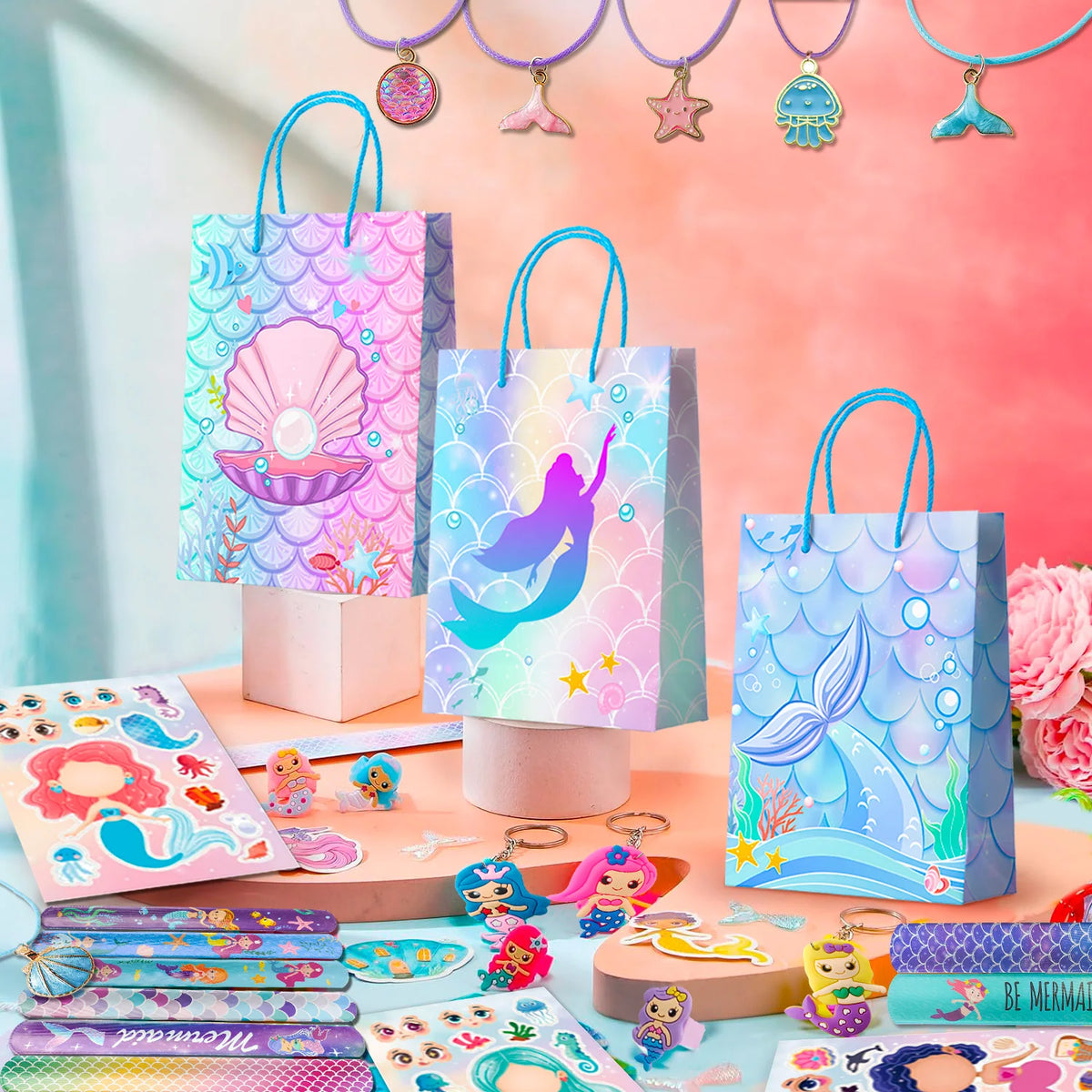 84 Pcs Mermaid Party Favors for Boys and Girls - Mermaid Birthday Rings, Keychain, Slap Bracelets, Bags, Hair Clips, Necklace Etc. Mermaid Birthday Party Favors for Mermaid Birthday Decorations Supplies