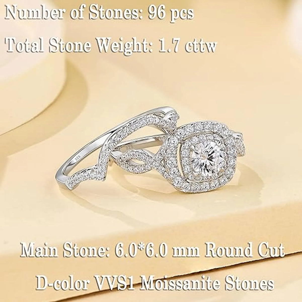 Newshe 2Pcs Halo Round Cut Moissanite Wedding Ring Set for Women. Solid 925 Sterling Silver Zircons Luxury Bridal Rings